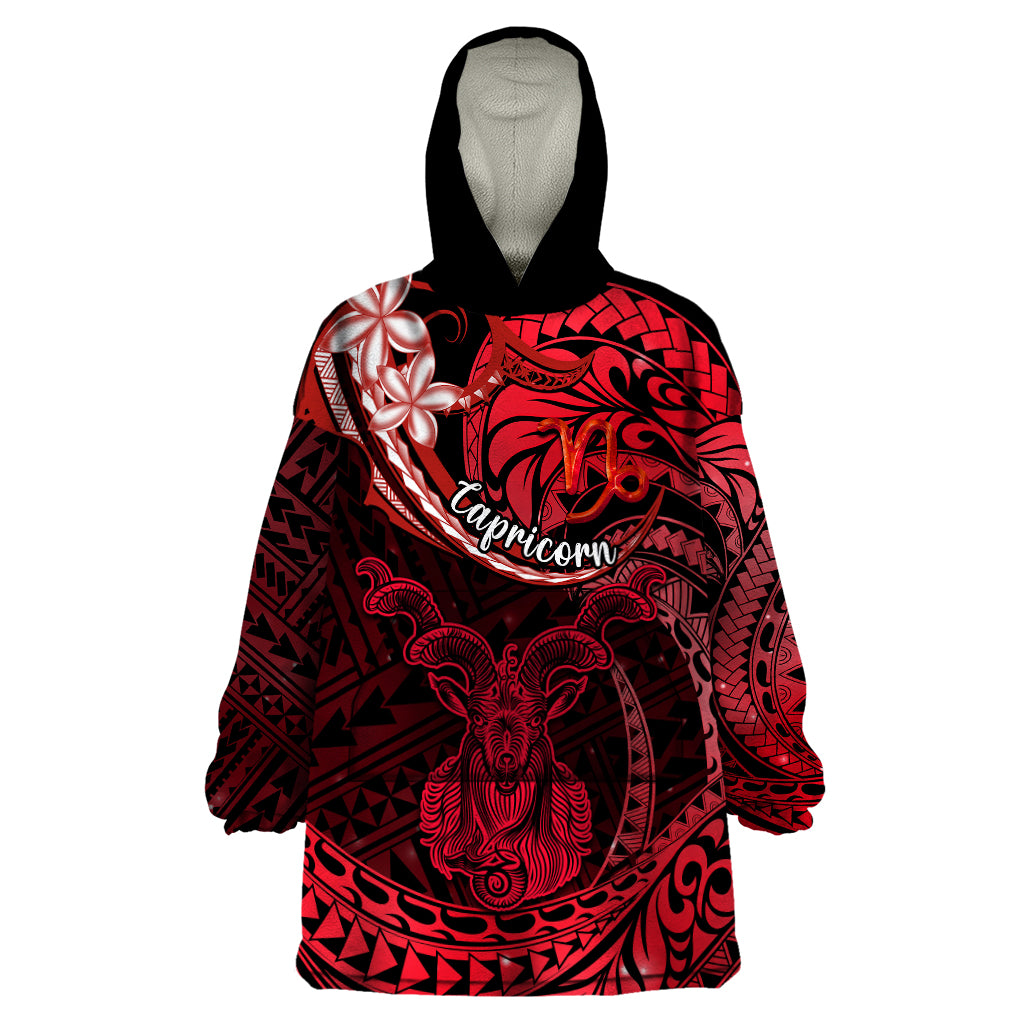 Polynesian Pride Capricorn Zodiac Wearable Blanket Hoodie Astrological Sign Tribal Plumeria Red Galaxy - Wonder Print Shop