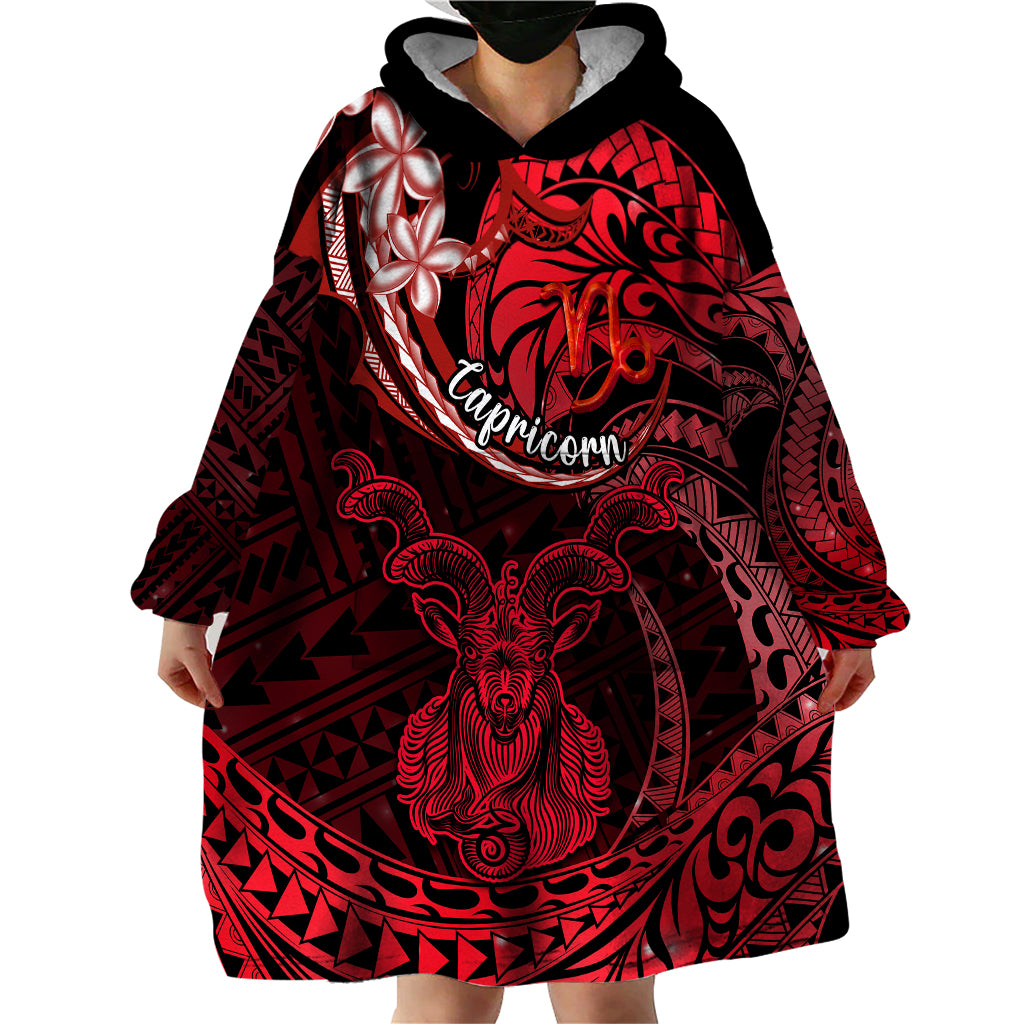 Polynesian Pride Capricorn Zodiac Wearable Blanket Hoodie Astrological Sign Tribal Plumeria Red Galaxy - Wonder Print Shop