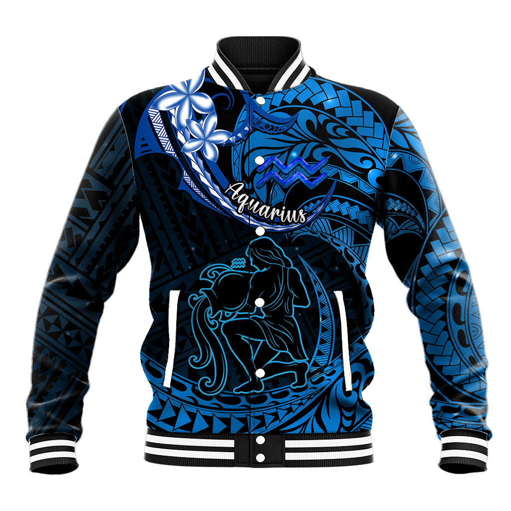 Polynesian Pride Aquarius Zodiac Baseball Jacket Astrological Sign Tribal Plumeria Blue Galaxy - Wonder Print Shop