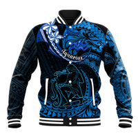 Polynesian Pride Aquarius Zodiac Baseball Jacket Astrological Sign Tribal Plumeria Blue Galaxy - Wonder Print Shop