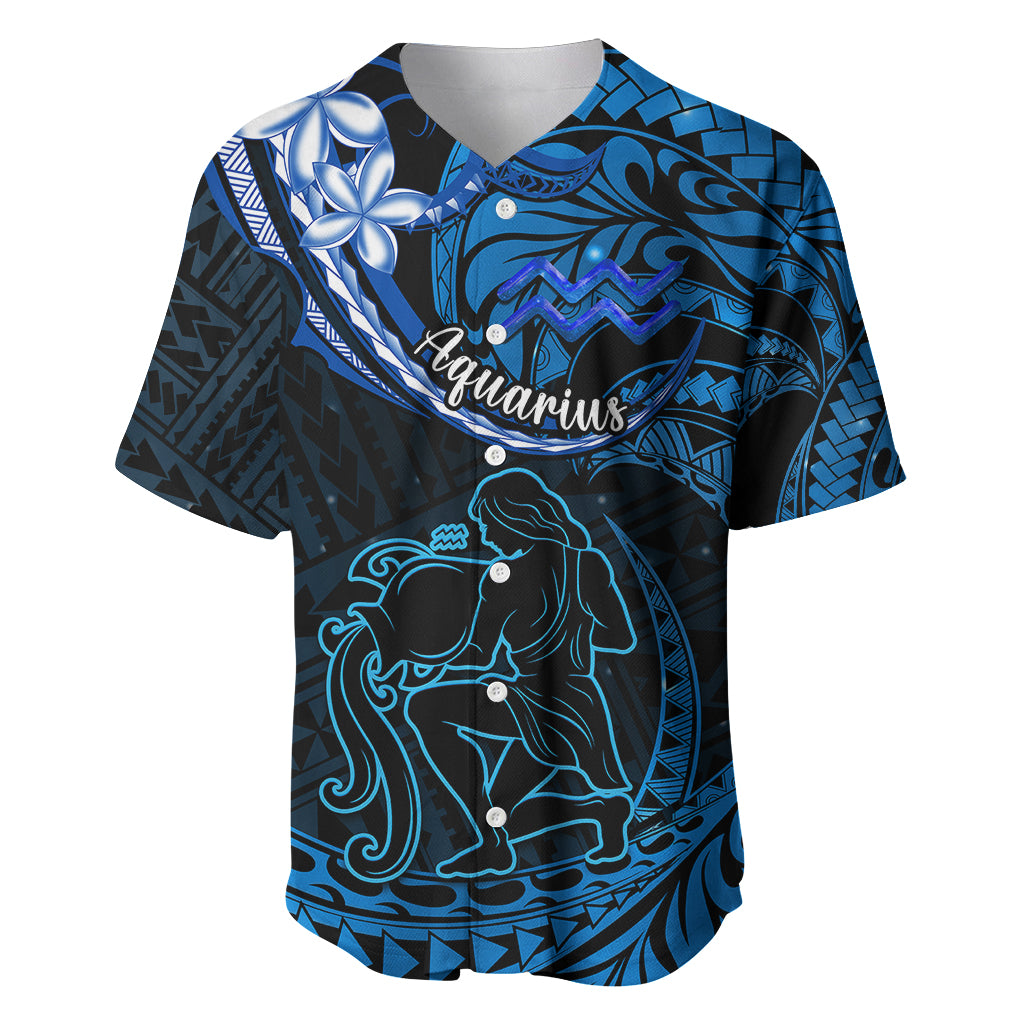 Polynesian Pride Aquarius Zodiac Baseball Jersey Astrological Sign Tribal Plumeria Blue Galaxy - Wonder Print Shop