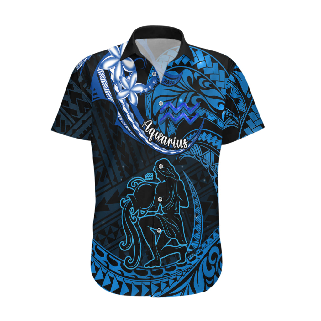 Polynesian Pride Aquarius Zodiac Hawaiian Shirt Astrological Sign Tribal Plumeria Blue Galaxy - Wonder Print Shop