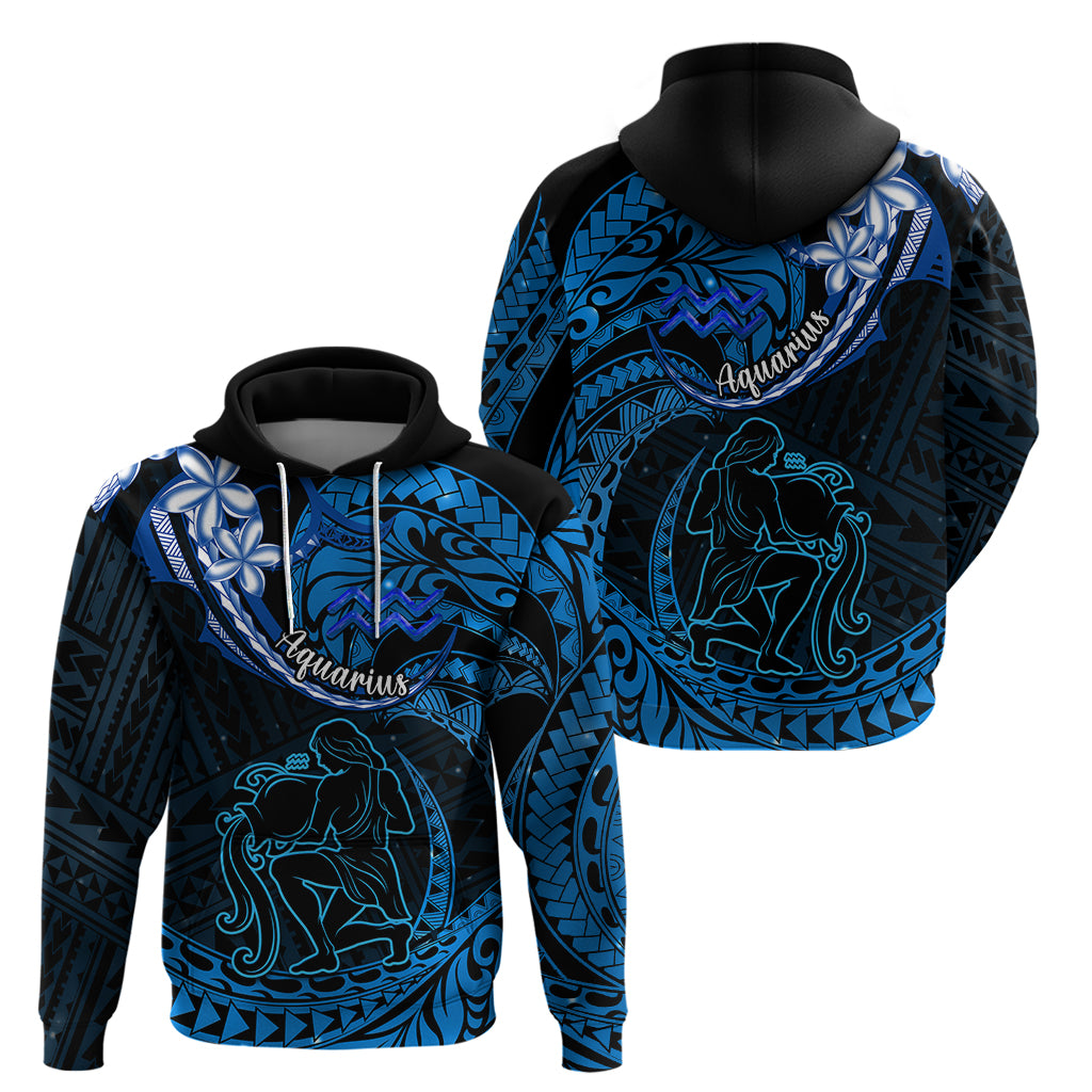 Polynesian Pride Aquarius Zodiac Hoodie Astrological Sign Tribal Plumeria Blue Galaxy - Wonder Print Shop
