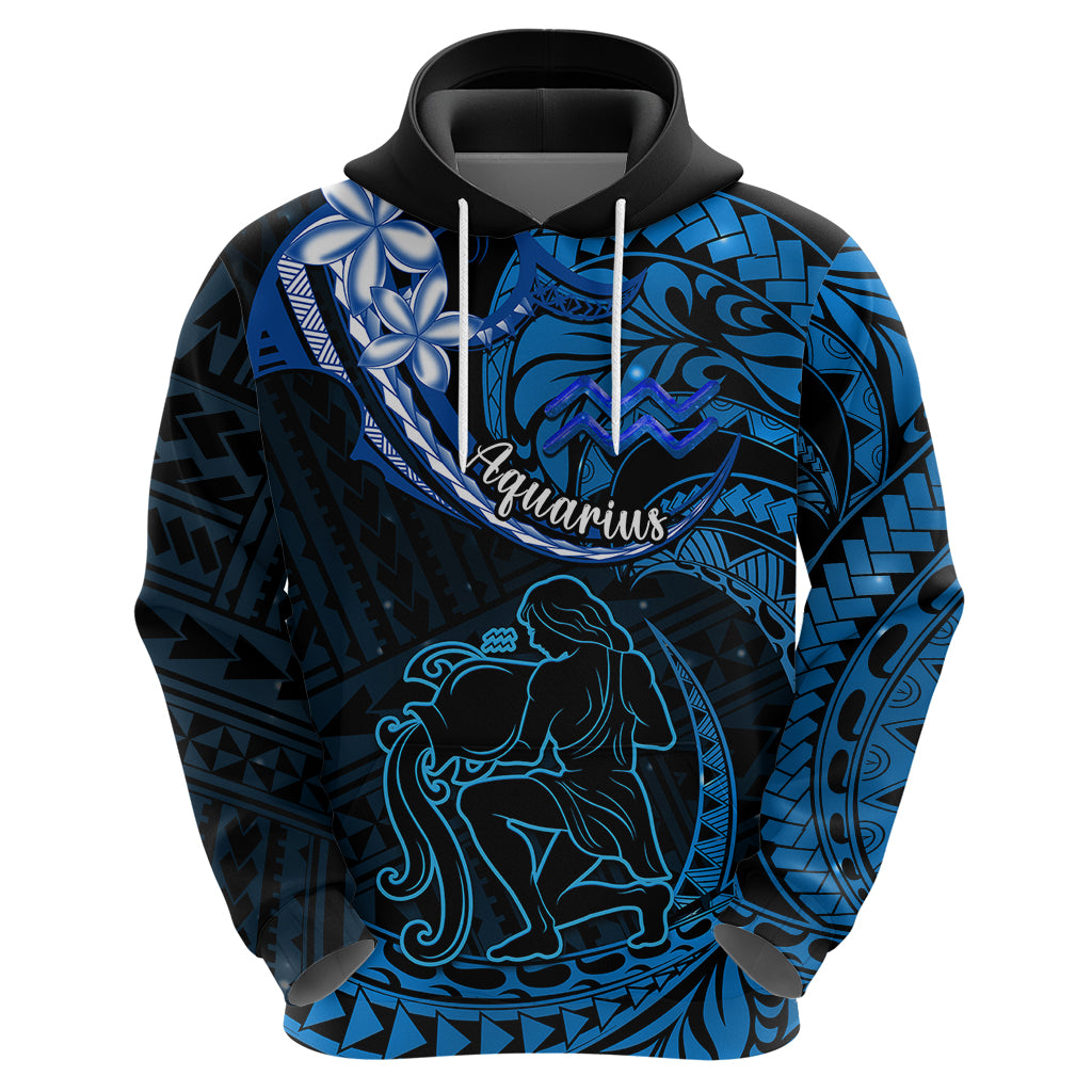 Polynesian Pride Aquarius Zodiac Hoodie Astrological Sign Tribal Plumeria Blue Galaxy - Wonder Print Shop