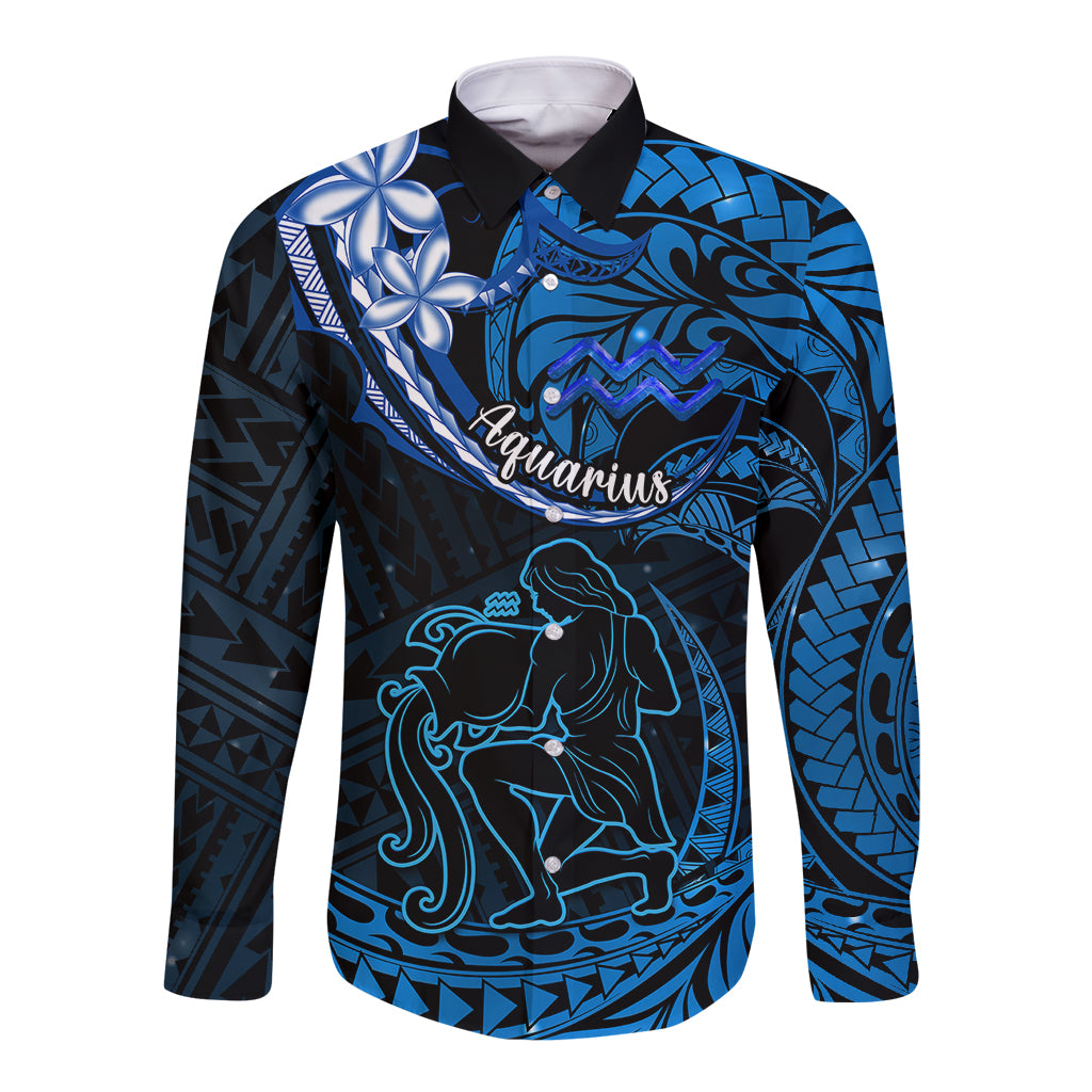 Polynesian Pride Aquarius Zodiac Long Sleeve Button Shirt Astrological Sign Tribal Plumeria Blue Galaxy - Wonder Print Shop