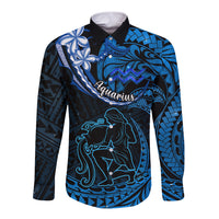 Polynesian Pride Aquarius Zodiac Long Sleeve Button Shirt Astrological Sign Tribal Plumeria Blue Galaxy - Wonder Print Shop
