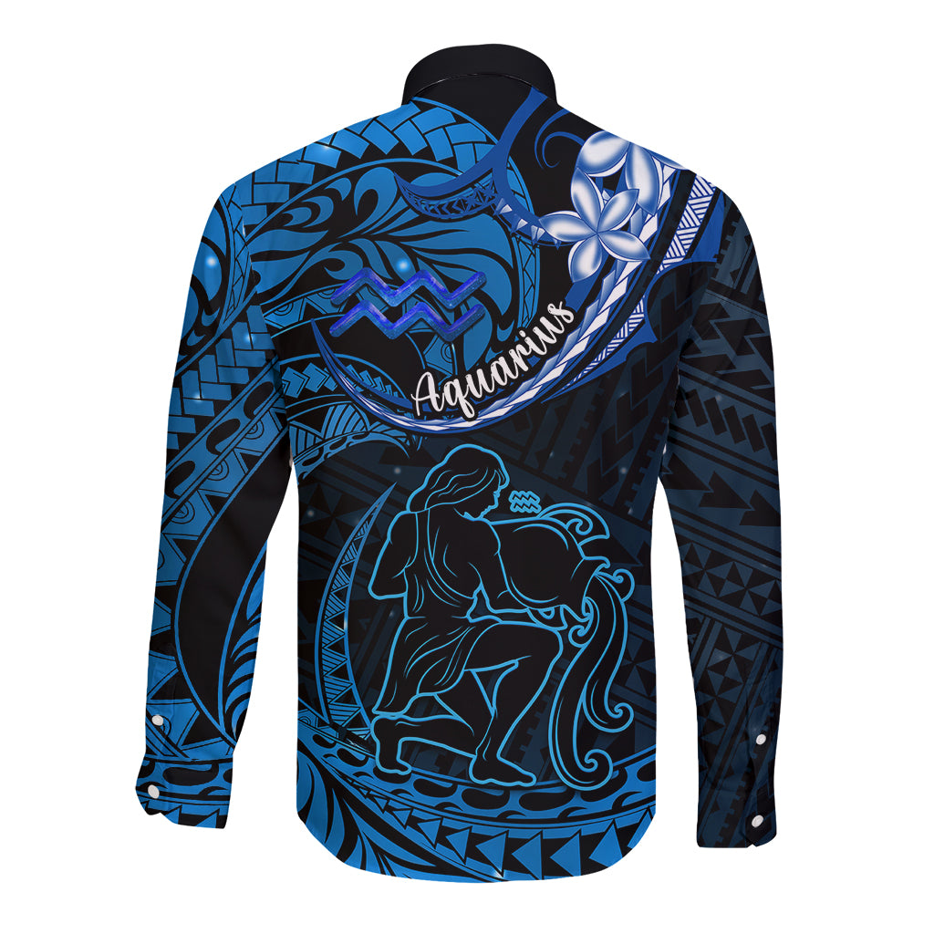 Polynesian Pride Aquarius Zodiac Long Sleeve Button Shirt Astrological Sign Tribal Plumeria Blue Galaxy - Wonder Print Shop