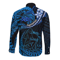 Polynesian Pride Aquarius Zodiac Long Sleeve Button Shirt Astrological Sign Tribal Plumeria Blue Galaxy - Wonder Print Shop