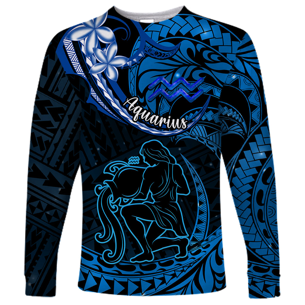 Polynesian Pride Aquarius Zodiac Long Sleeve Shirt Astrological Sign Tribal Plumeria Blue Galaxy - Wonder Print Shop