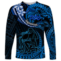 Polynesian Pride Aquarius Zodiac Long Sleeve Shirt Astrological Sign Tribal Plumeria Blue Galaxy - Wonder Print Shop