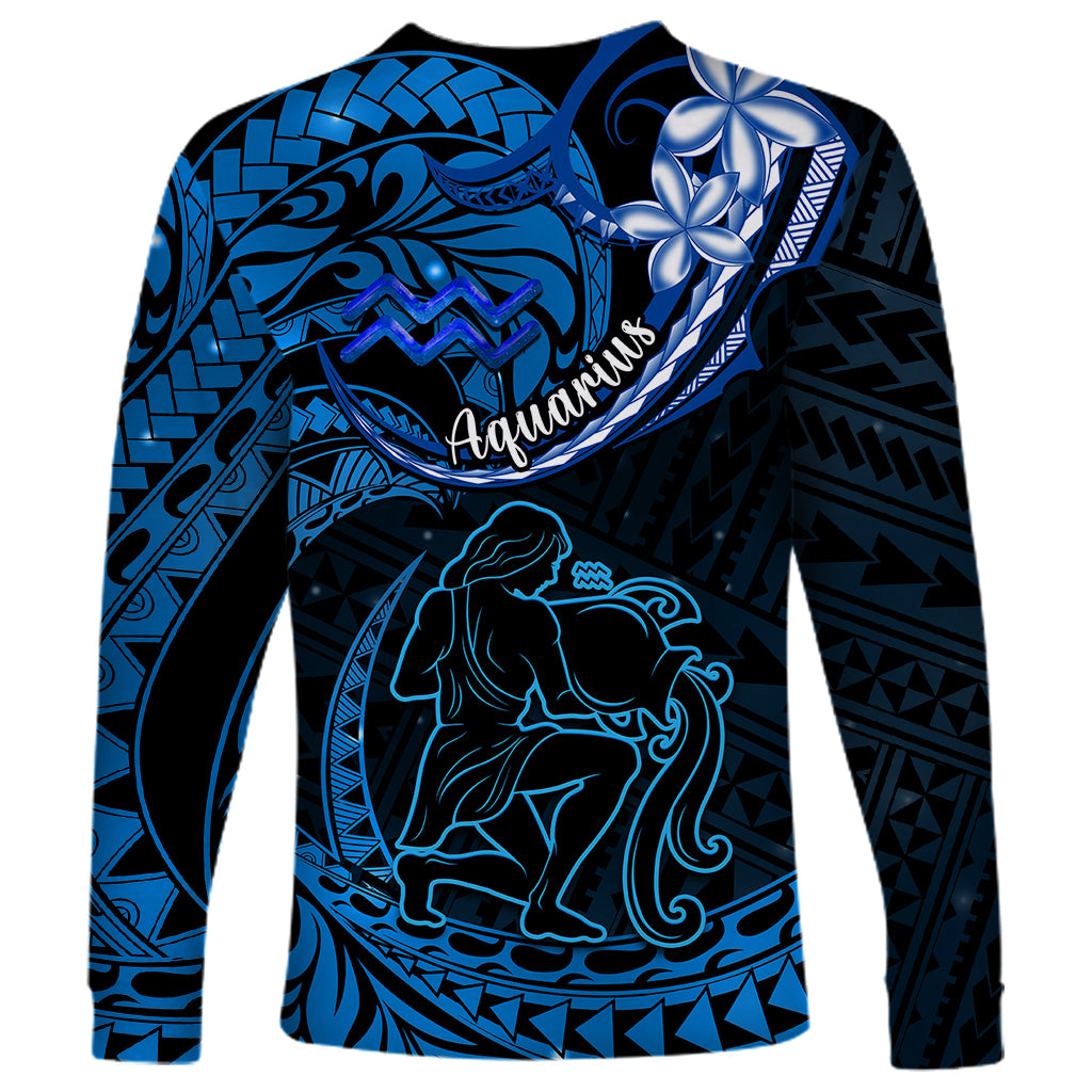 Polynesian Pride Aquarius Zodiac Long Sleeve Shirt Astrological Sign Tribal Plumeria Blue Galaxy - Wonder Print Shop