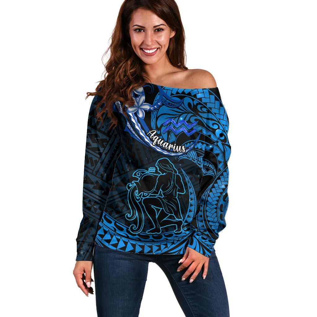 Polynesian Pride Aquarius Zodiac Off Shoulder Sweater Astrological Sign Tribal Plumeria Blue Galaxy - Wonder Print Shop