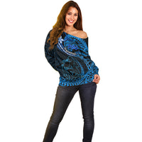Polynesian Pride Aquarius Zodiac Off Shoulder Sweater Astrological Sign Tribal Plumeria Blue Galaxy - Wonder Print Shop