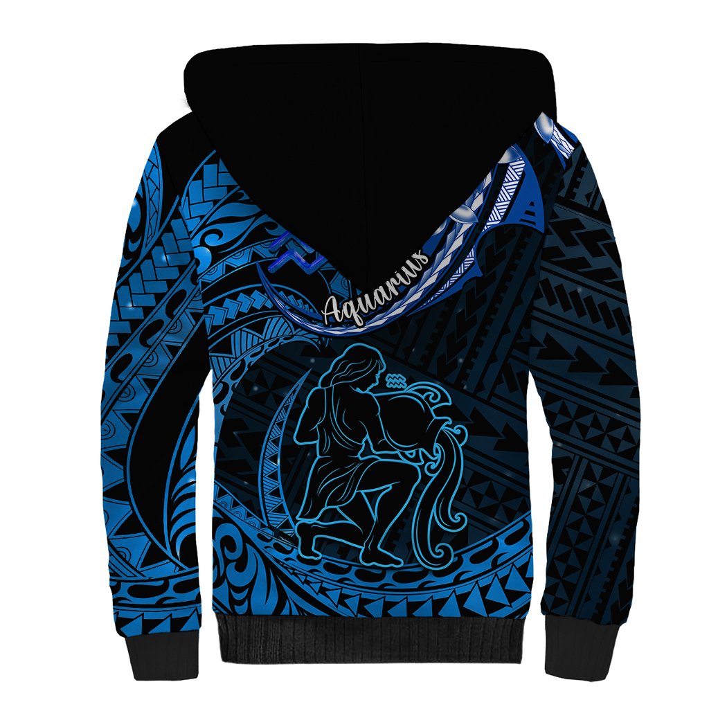Polynesian Pride Aquarius Zodiac Sherpa Hoodie Astrological Sign Tribal Plumeria Blue Galaxy - Wonder Print Shop