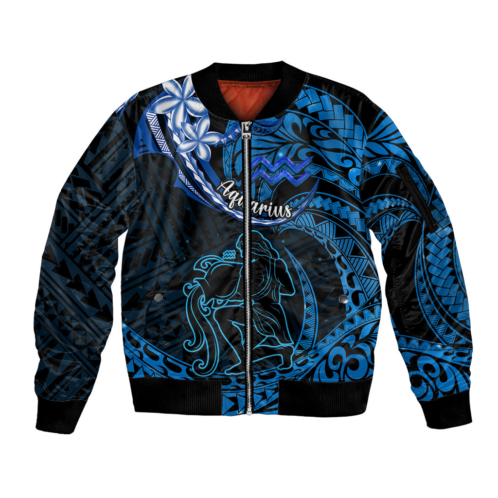 Polynesian Pride Aquarius Zodiac Sleeve Zip Bomber Jacket Astrological Sign Tribal Plumeria Blue Galaxy - Wonder Print Shop