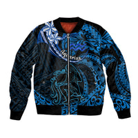 Polynesian Pride Aquarius Zodiac Sleeve Zip Bomber Jacket Astrological Sign Tribal Plumeria Blue Galaxy - Wonder Print Shop