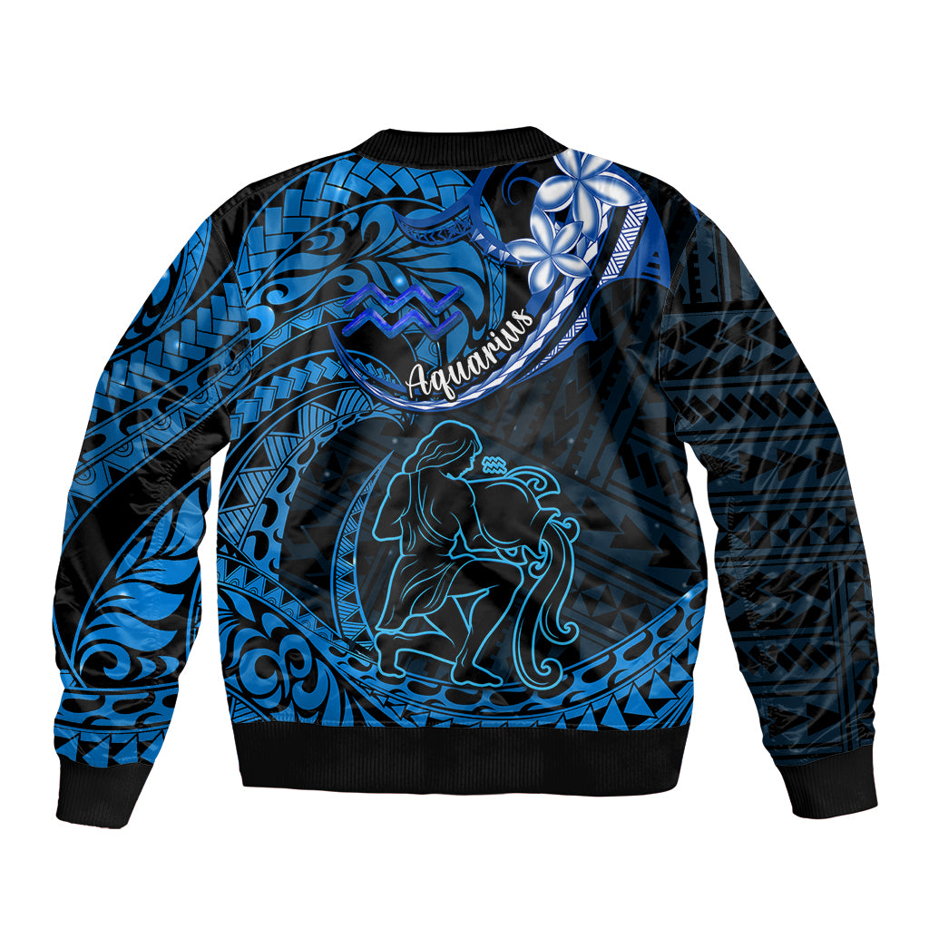 Polynesian Pride Aquarius Zodiac Sleeve Zip Bomber Jacket Astrological Sign Tribal Plumeria Blue Galaxy - Wonder Print Shop