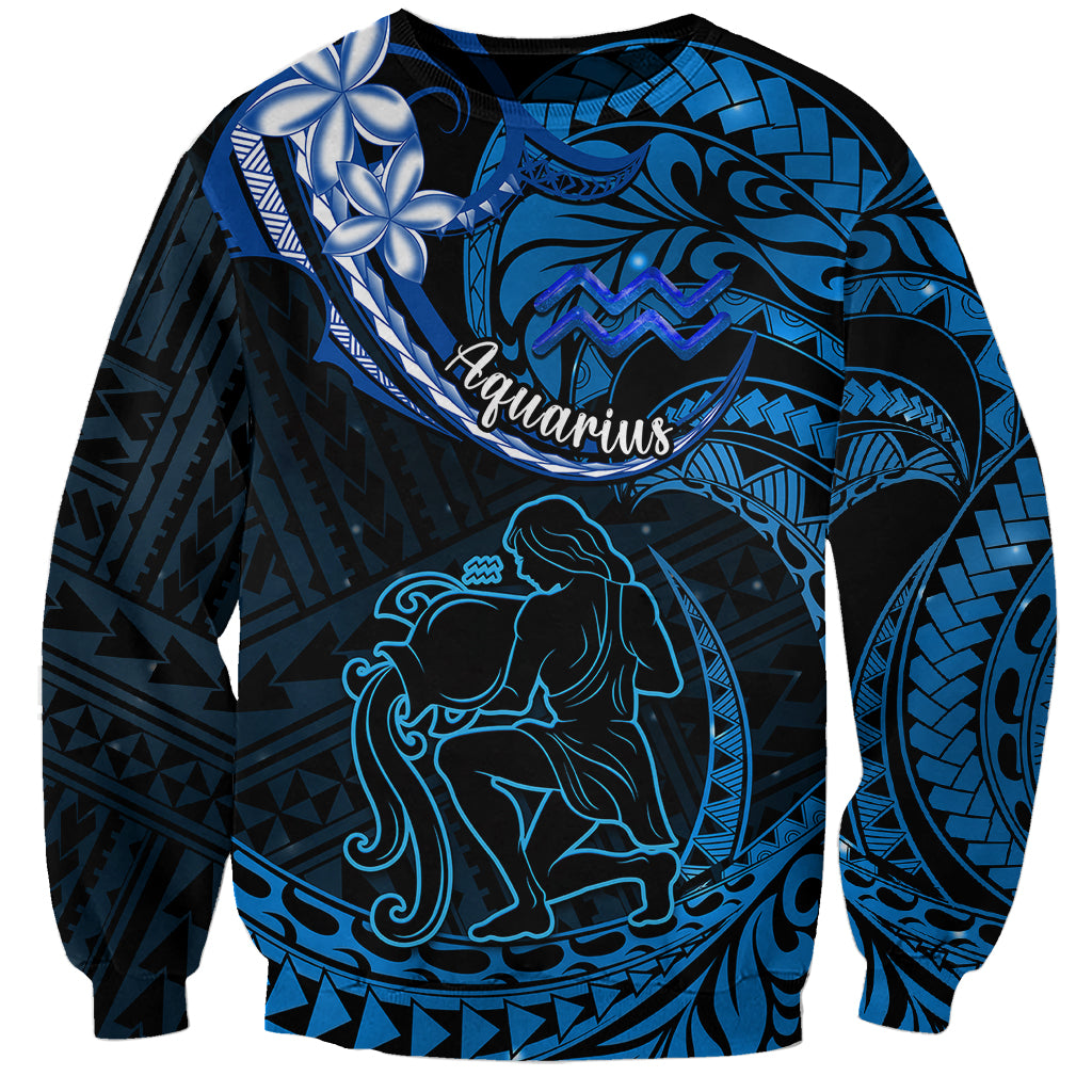 Polynesian Pride Aquarius Zodiac Sweatshirt Astrological Sign Tribal Plumeria Blue Galaxy - Wonder Print Shop