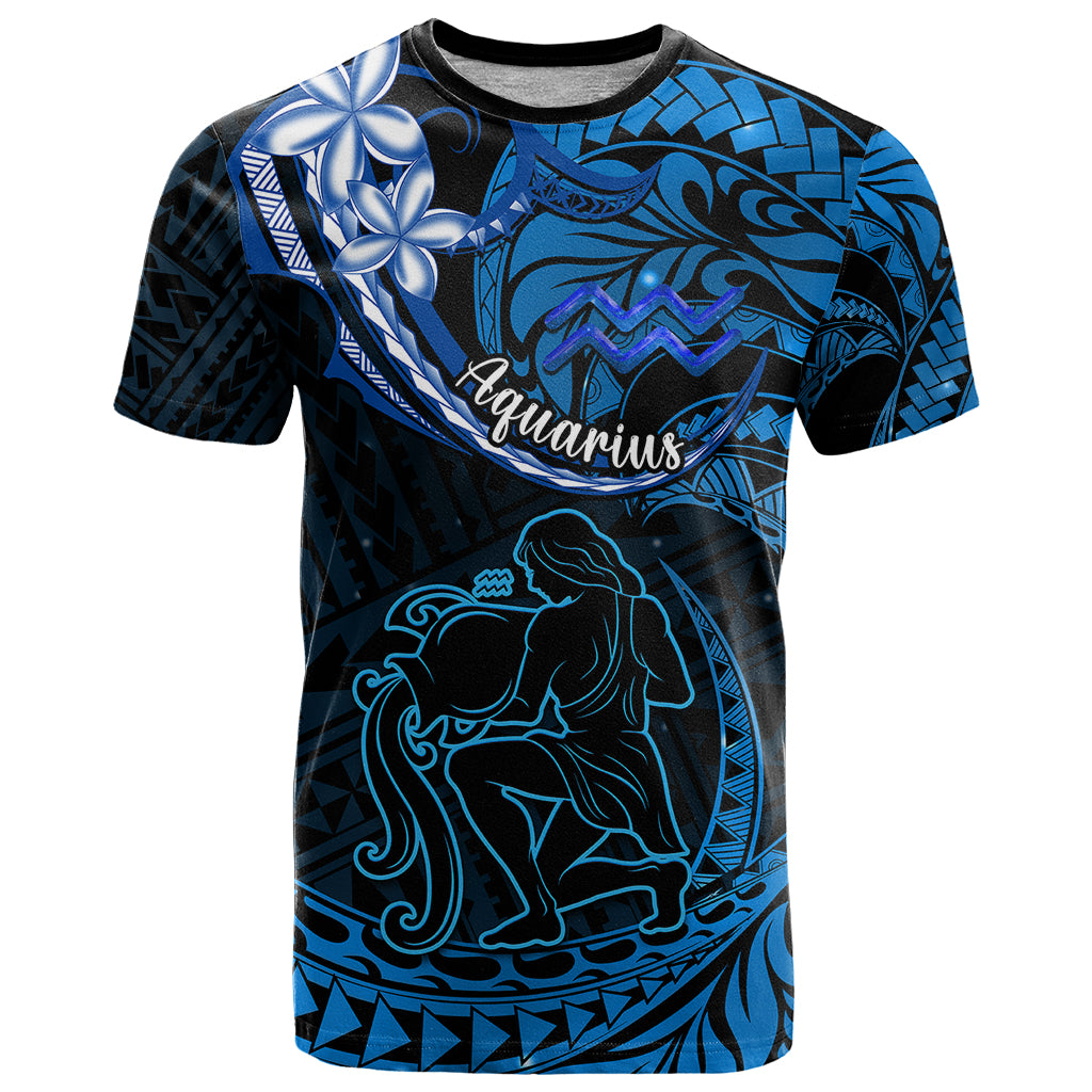 Polynesian Pride Aquarius Zodiac T Shirt Astrological Sign Tribal Plumeria Blue Galaxy - Wonder Print Shop