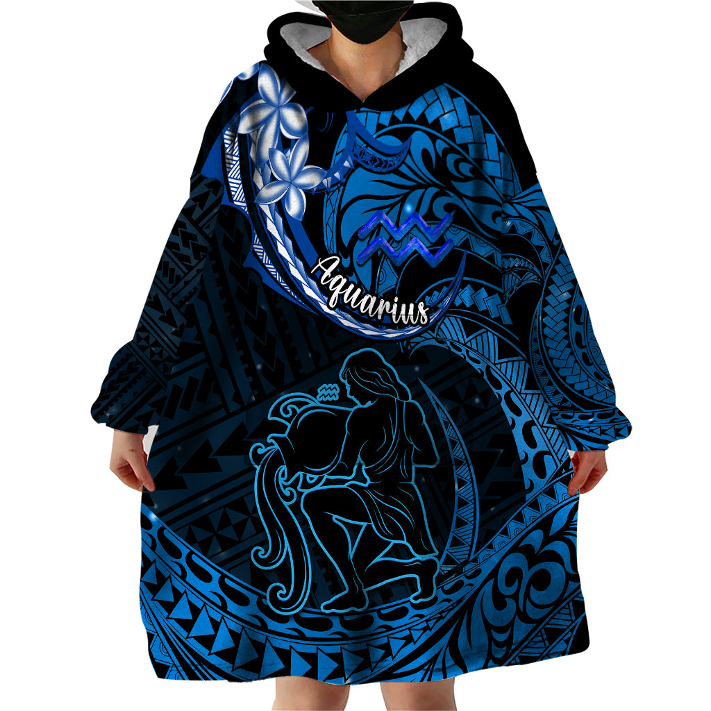 Polynesian Pride Aquarius Zodiac Wearable Blanket Hoodie Astrological Sign Tribal Plumeria Blue Galaxy - Wonder Print Shop