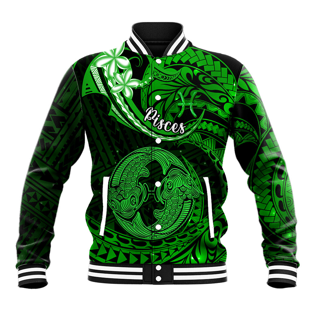 Polynesian Pride Pisces Zodiac Baseball Jacket Astrological Sign Tribal Plumeria Green Galaxy - Wonder Print Shop