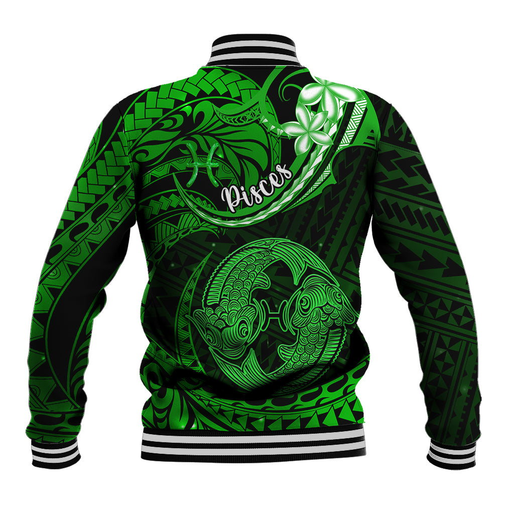 Polynesian Pride Pisces Zodiac Baseball Jacket Astrological Sign Tribal Plumeria Green Galaxy - Wonder Print Shop