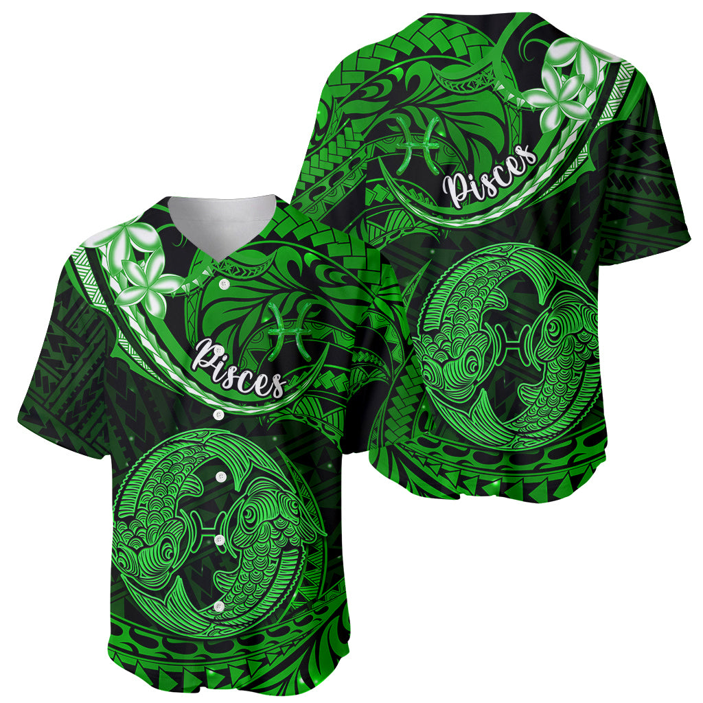 Polynesian Pride Pisces Zodiac Baseball Jersey Astrological Sign Tribal Plumeria Green Galaxy - Wonder Print Shop