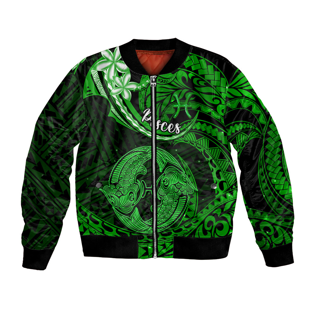 Polynesian Pride Pisces Zodiac Bomber Jacket Astrological Sign Tribal Plumeria Green Galaxy - Wonder Print Shop