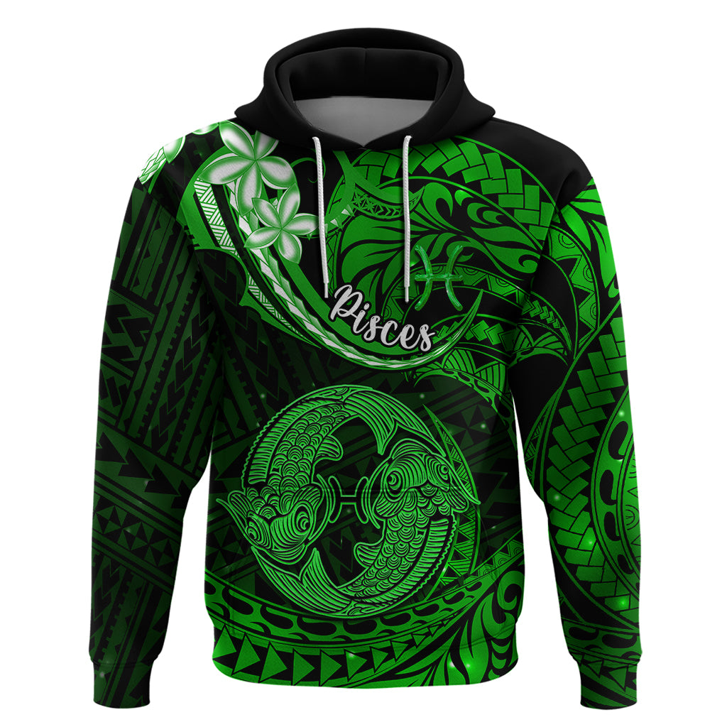 Polynesian Pride Pisces Zodiac Hoodie Astrological Sign Tribal Plumeria Green Galaxy - Wonder Print Shop