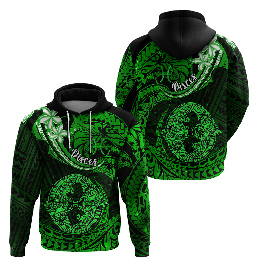 Polynesian Pride Pisces Zodiac Hoodie Astrological Sign Tribal Plumeria Green Galaxy - Wonder Print Shop