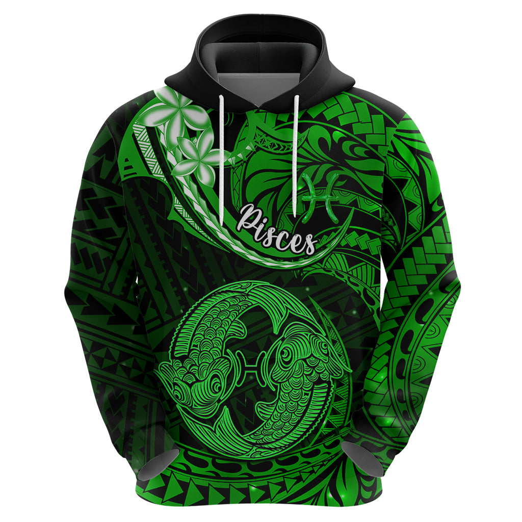 Polynesian Pride Pisces Zodiac Hoodie Astrological Sign Tribal Plumeria Green Galaxy - Wonder Print Shop