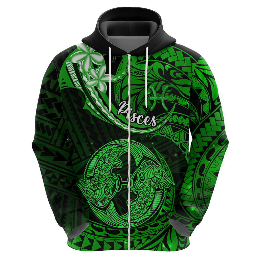 Polynesian Pride Pisces Zodiac Hoodie Astrological Sign Tribal Plumeria Green Galaxy - Wonder Print Shop