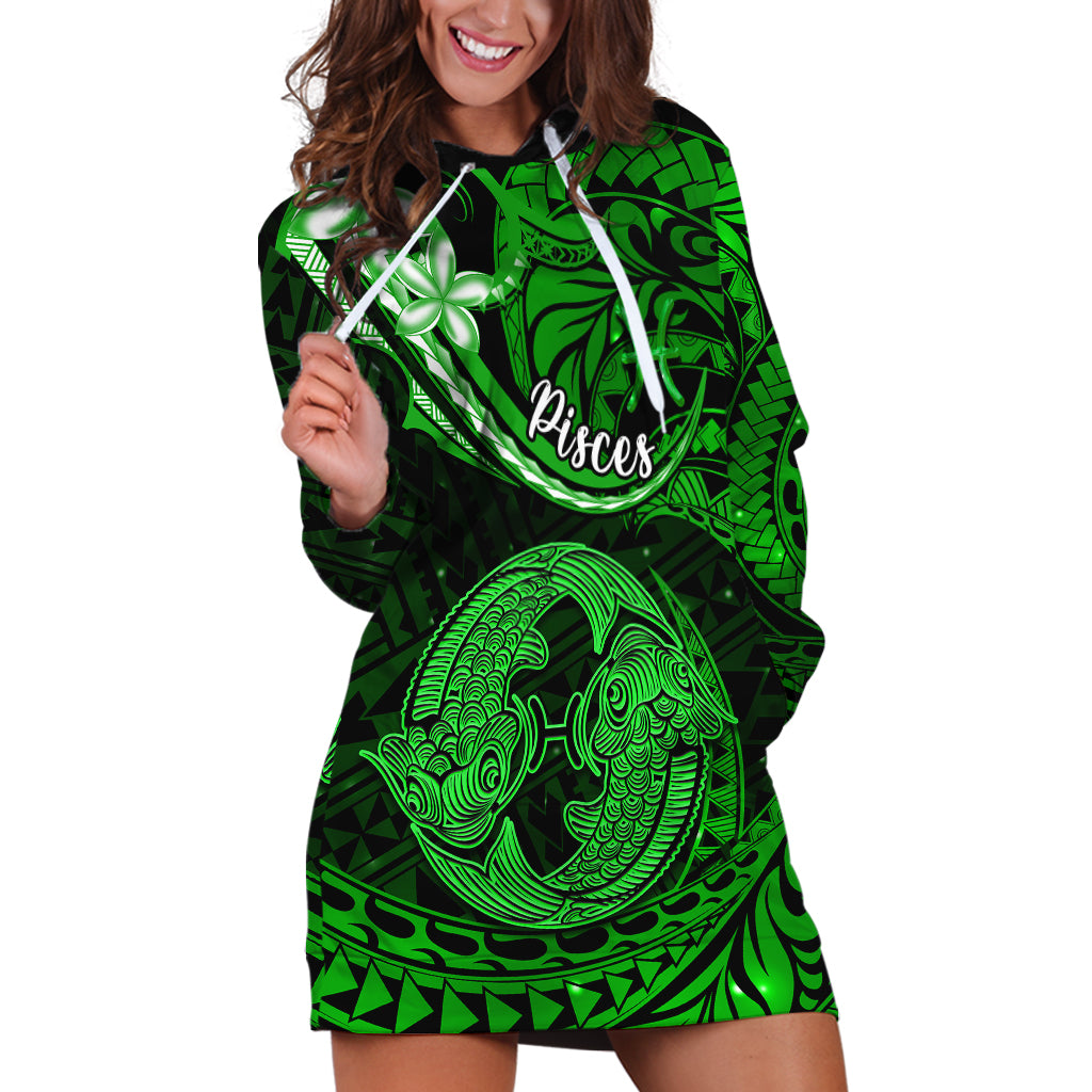 Polynesian Pride Pisces Zodiac Hoodie Dress Astrological Sign Tribal Plumeria Green Galaxy - Wonder Print Shop