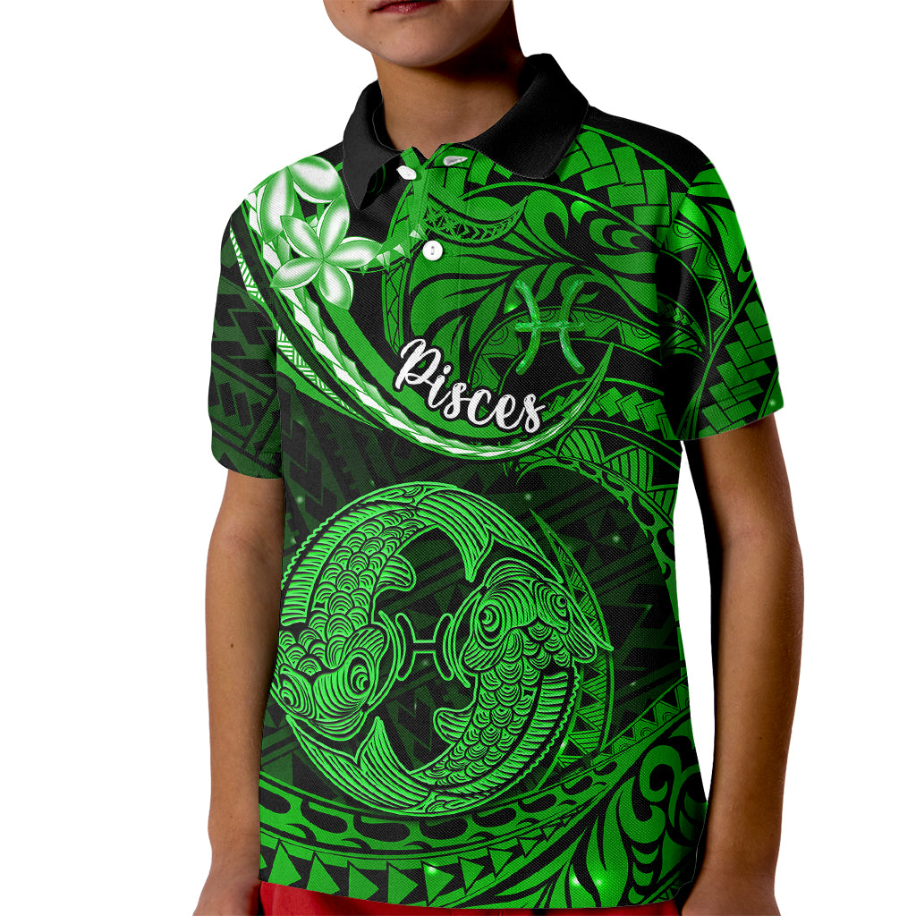 Polynesian Pride Pisces Zodiac Kid Polo Shirt Astrological Sign Tribal Plumeria Green Galaxy - Wonder Print Shop