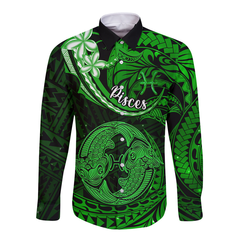 Polynesian Pride Pisces Zodiac Long Sleeve Button Shirt Astrological Sign Tribal Plumeria Green Galaxy - Wonder Print Shop