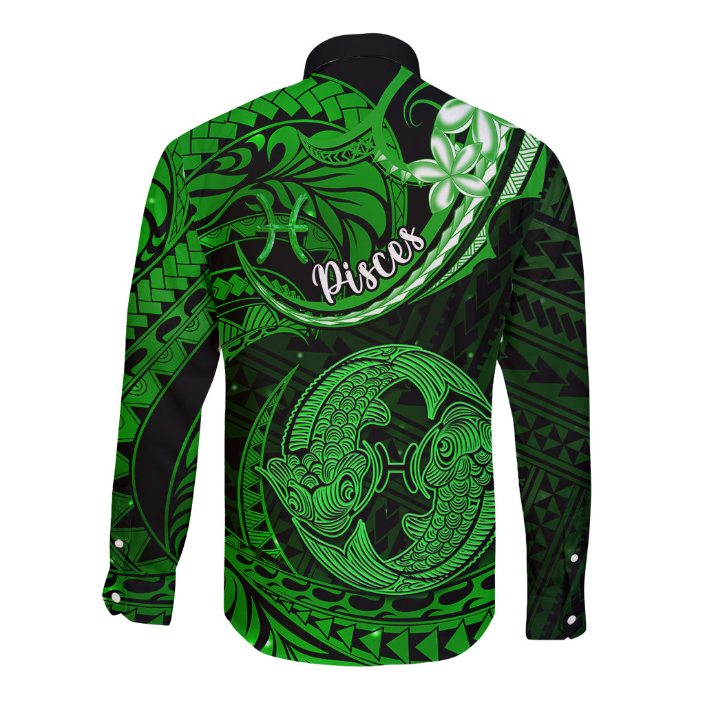 Polynesian Pride Pisces Zodiac Long Sleeve Button Shirt Astrological Sign Tribal Plumeria Green Galaxy - Wonder Print Shop
