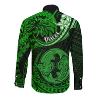 Polynesian Pride Pisces Zodiac Long Sleeve Button Shirt Astrological Sign Tribal Plumeria Green Galaxy - Wonder Print Shop