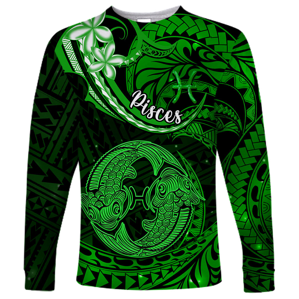 Polynesian Pride Pisces Zodiac Long Sleeve Shirt Astrological Sign Tribal Plumeria Green Galaxy - Wonder Print Shop