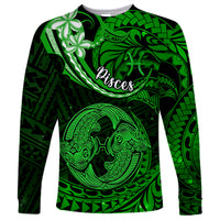 Polynesian Pride Pisces Zodiac Long Sleeve Shirt Astrological Sign Tribal Plumeria Green Galaxy - Wonder Print Shop