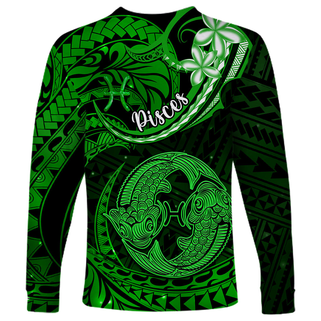Polynesian Pride Pisces Zodiac Long Sleeve Shirt Astrological Sign Tribal Plumeria Green Galaxy - Wonder Print Shop