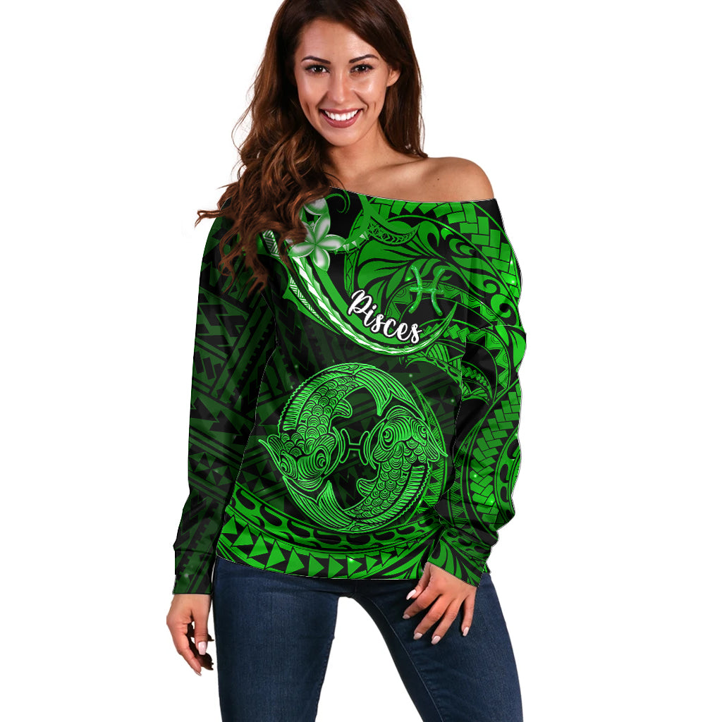 Polynesian Pride Pisces Zodiac Off Shoulder Sweater Astrological Sign Tribal Plumeria Green Galaxy - Wonder Print Shop