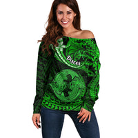 Polynesian Pride Pisces Zodiac Off Shoulder Sweater Astrological Sign Tribal Plumeria Green Galaxy - Wonder Print Shop