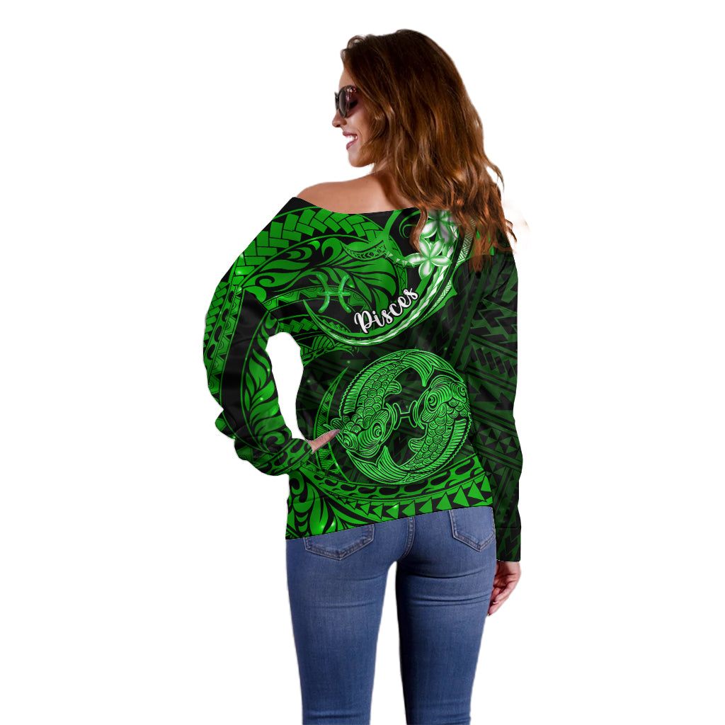 Polynesian Pride Pisces Zodiac Off Shoulder Sweater Astrological Sign Tribal Plumeria Green Galaxy - Wonder Print Shop