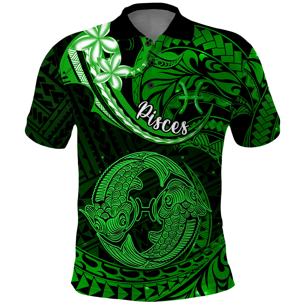 Polynesian Pride Pisces Zodiac Polo Shirt Astrological Sign Tribal Plumeria Green Galaxy - Wonder Print Shop
