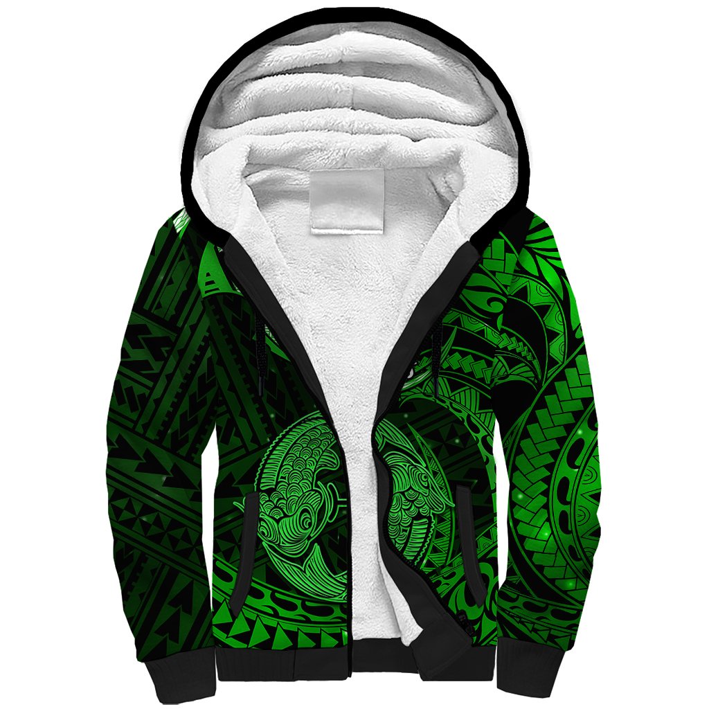 Polynesian Pride Pisces Zodiac Sherpa Hoodie Astrological Sign Tribal Plumeria Green Galaxy - Wonder Print Shop