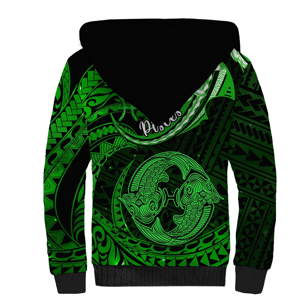 Polynesian Pride Pisces Zodiac Sherpa Hoodie Astrological Sign Tribal Plumeria Green Galaxy - Wonder Print Shop