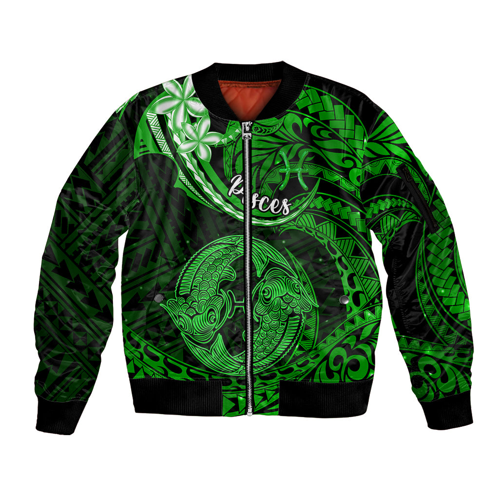 Polynesian Pride Pisces Zodiac Sleeve Zip Bomber Jacket Astrological Sign Tribal Plumeria Green Galaxy - Wonder Print Shop