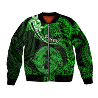 Polynesian Pride Pisces Zodiac Sleeve Zip Bomber Jacket Astrological Sign Tribal Plumeria Green Galaxy - Wonder Print Shop