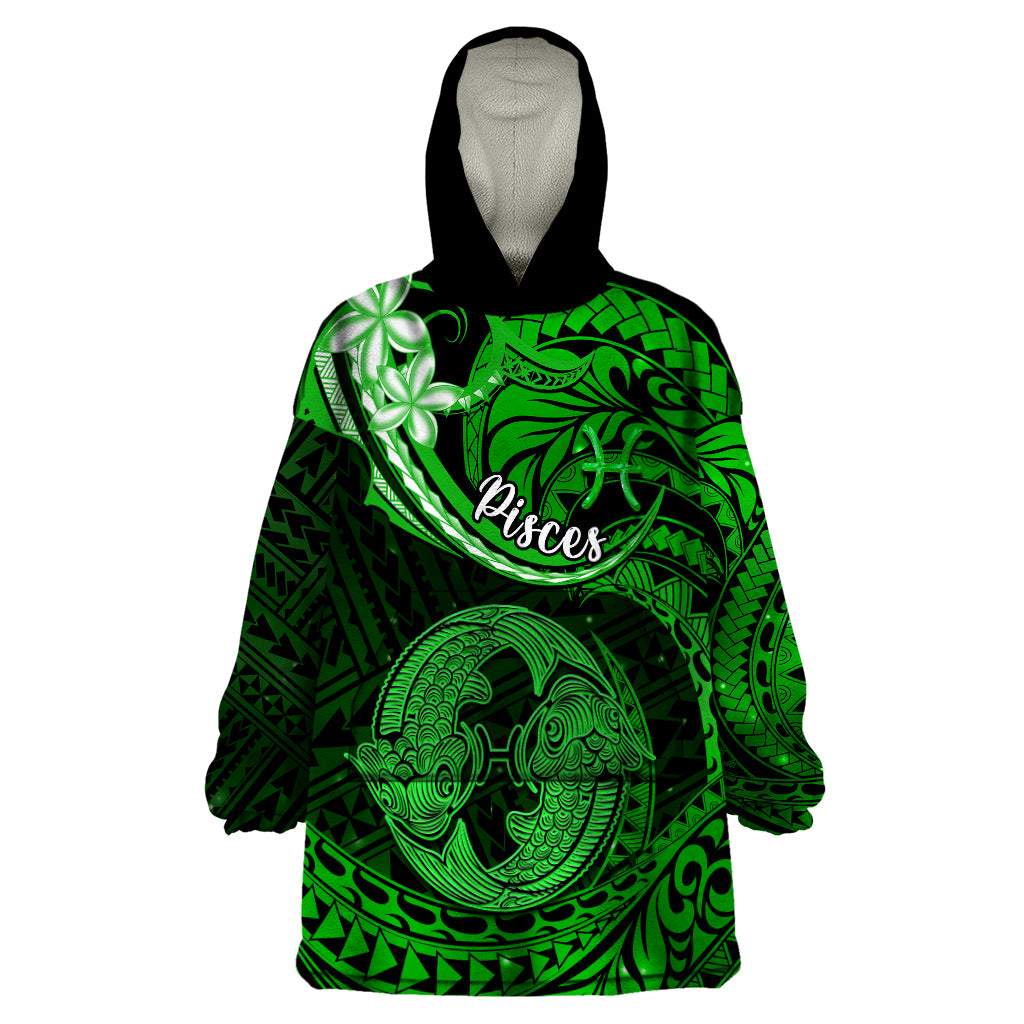 Polynesian Pride Pisces Zodiac Wearable Blanket Hoodie Astrological Sign Tribal Plumeria Green Galaxy - Wonder Print Shop