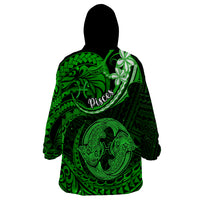 Polynesian Pride Pisces Zodiac Wearable Blanket Hoodie Astrological Sign Tribal Plumeria Green Galaxy - Wonder Print Shop
